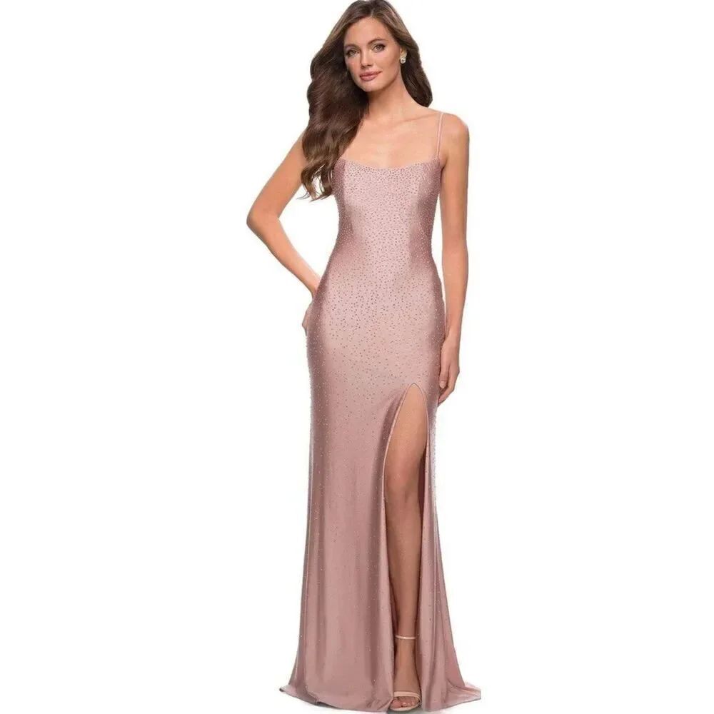 La Femme - 29899 Rhinestone Studded High Slit Dress in Mauve NWOT Size 12